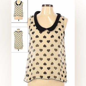 LIVING DOLL- Womens Blouse. Ivory color with black collar and hearts throughout